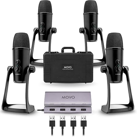 Movo 4-Person USB Podcast Equipment Bundle – 4 Condenser Mics, Hub & Case