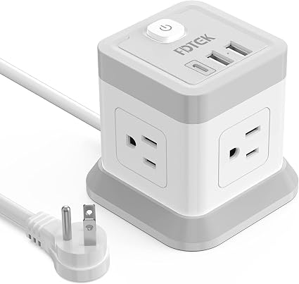 FDTEK Power Strip USB C, 4 Outlets 3 USB Ports 5 FT Extension Cord White