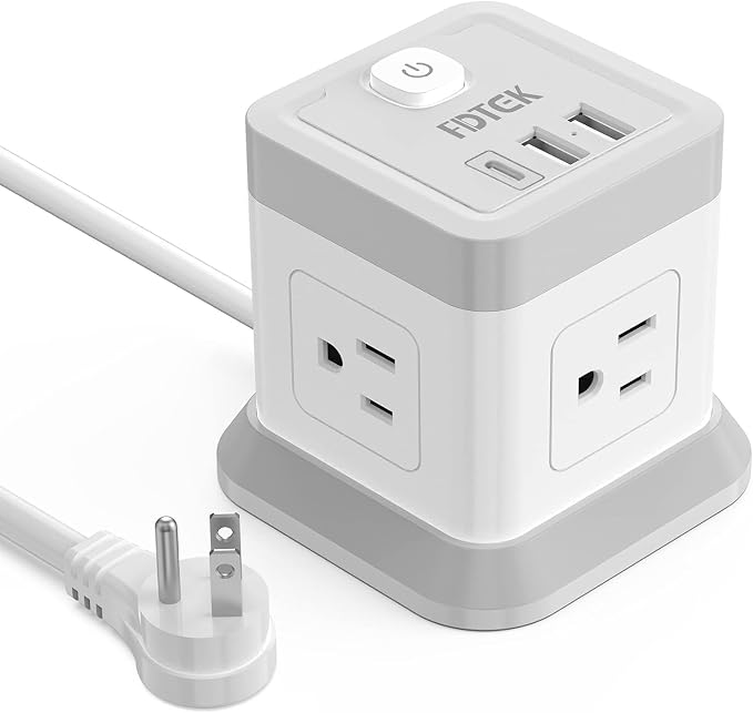 FDTEK Power Strip USB C, 4 Outlets 3 USB Ports 5 FT Extension Cord White