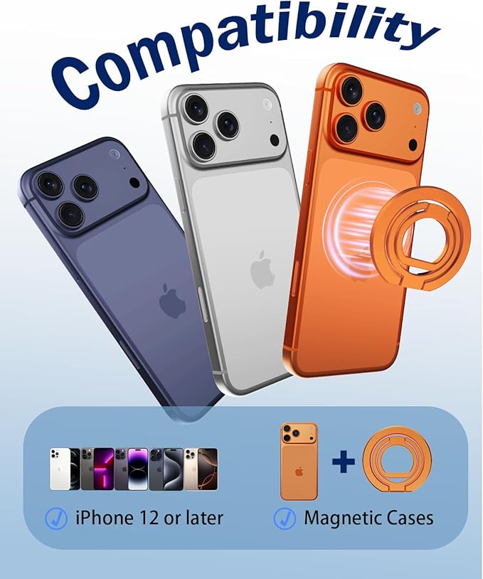 Phone Grip for MagSafe,360°& 180°Rotation Magnetic Phone Ring Holder with Kickstand,Dual-Ring Thin Phone Stand for 17/16/15/14/13/12 Series-Orange