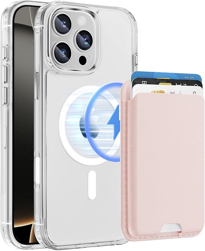 Magnetic for iPhone 16 Pro Clear Case with Pink Detachable Wallet, Compatible with MagSafe, Credit Card Holder with Slim Shockproof Protective Phone Cover