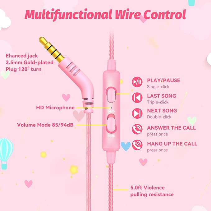 Kids Headphones with Cord for School, 85/94dB Volume Limit Headphones for Kids, Portable Wired Headphone with Shareport, Stereo Sound Foldable Headset for School/Tablet/iPad/Kindle (Pink)
