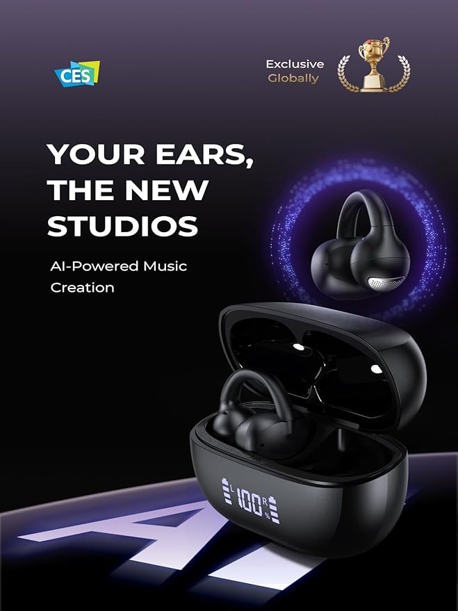 Open Ear Clip On Earbuds, Bluetooth 5.4 AI Music Generator Wireless Bone Conduction Headphones with 4 Mics Clear Calls, 5.7g Ultra-Light, 30H Hi-Fi Stereo Playtime for Sports, Black