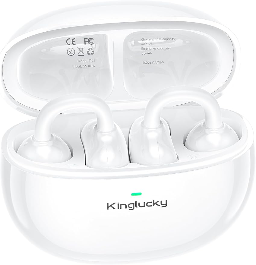 Kinglucky Clip-On Earbuds Comfortable fit & Crystal-Clear Sound, 40H Playtime Open Ear Buds Bluetooth 5.4 Wireless Headphones for Women Ideal for Small Ears,Sports,Workouts,Glasses White