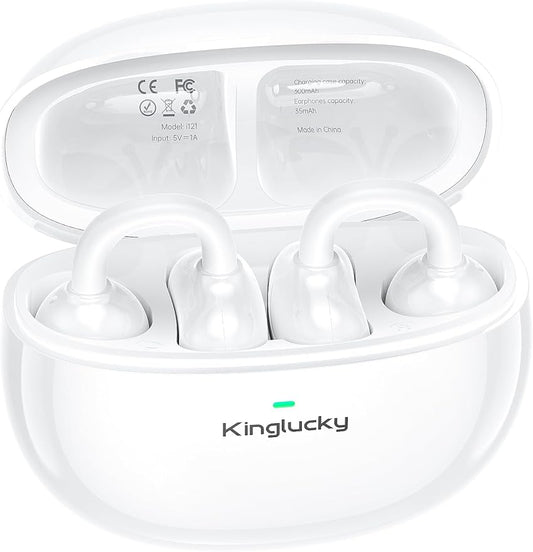 Kinglucky Clip-On Earbuds Comfortable fit & Crystal-Clear Sound, 40H Playtime Open Ear Buds Bluetooth 5.4 Wireless Headphones for Women Ideal for Small Ears,Sports,Workouts,Glasses White