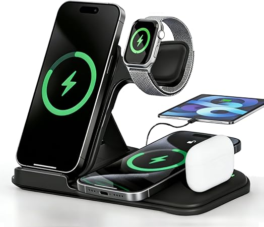 5 in 1 Wireless Charging Station for Multiple Devices, Premium Fast Charging Stand for Apple Samsung Android, Dual Phone Dock with USB Port for Desk Nightstand