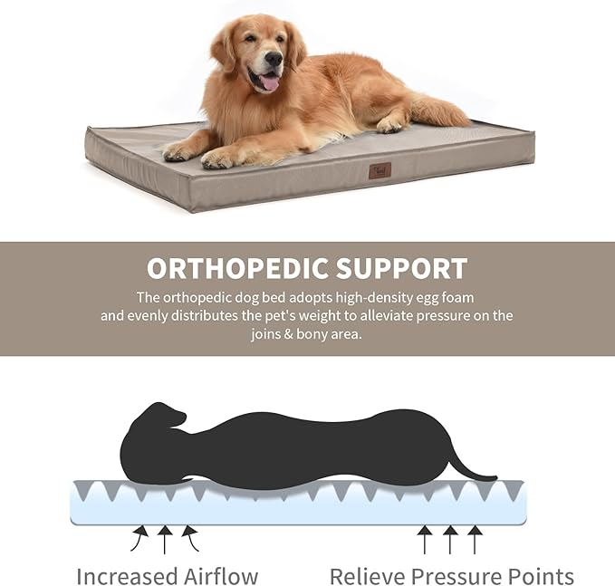 Large Outdoor All Weather Dog Bed, Waterproof Pet Bed for Large Dogs, Orthopedic Egg Crate Foam with Washable Removable Oxford Cooling Cover, 36x27 Inch, Khaki