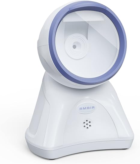 Ambir DB100 Hands Free Plug & Play Omni-Directional Desktop USB 1D, 2D and QR Barcode Scanner - White/Blue