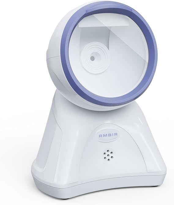 Ambir DB100 Hands Free Plug & Play Omni-Directional Desktop USB 1D, 2D and QR Barcode Scanner - White/Blue