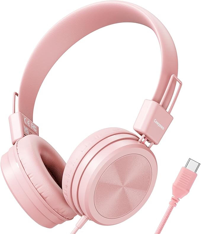 USB Type C Kids Headphones for School, 94dB Volume Limited, Kids Headphones with USB C Cord, HD Stereo Sound, Foldable Lightweight On-Ear USB-C Wired Headphones for Boys/Girls, Light Pink