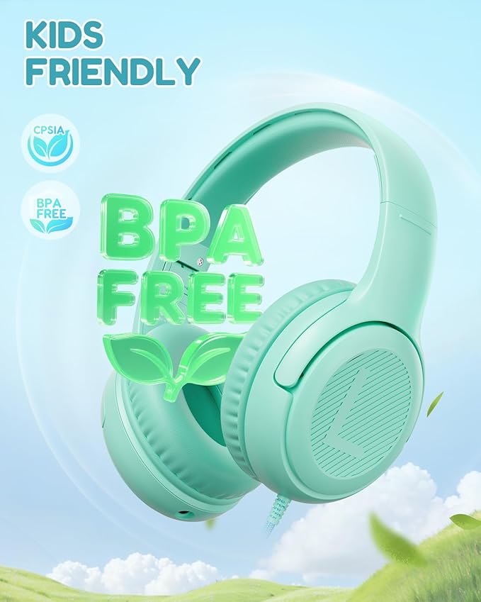 Kids Headphones for School Toddler Wired with Microphone Plug in Bulk Boys Headset Girls 3+ Year Old Green