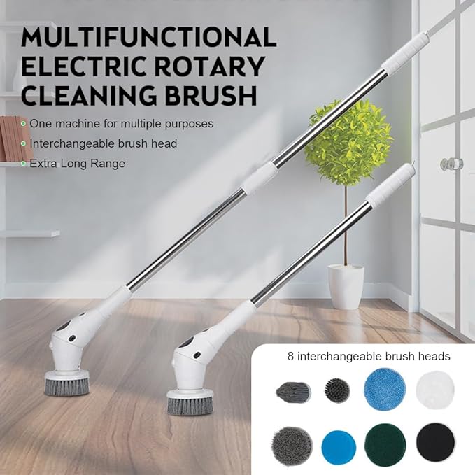 Cordless Electric Spin Scrubber, IP5 Rated w 8 Brush Heads and Adjustable Arm, 3 Speed Power Scrubber for Bathroom, Tub, Floor