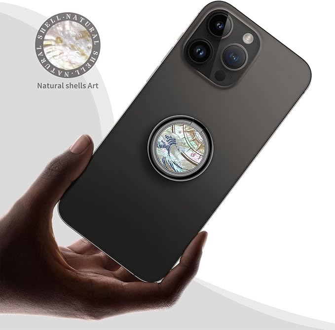 Carveit Natural Shells Cell Phone Ring Holder Metal Phone Kickstand Grip for iPhone 16 Pro Max/15/14 & Galaxy S23/S24/S25 Ultra & Pixel 8/9 -Black-Wave Compass
