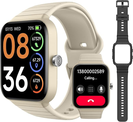 SKG Smart Watch for Women Men (Answer/Make Call), Alexa Built-in, Extra Black Band, IP68 Smartwatch for Android iPhone, 100+ Sport 1.8" Fitness Tracker with Heart Rate SpO2 Monitor, V7 Cyber Beige