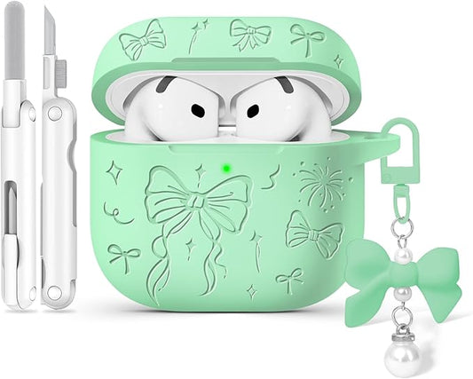 for Airpods 4 Case Cover, Joremx Cute Bow Engraved Silicone Protective Case Cover with Keychain, Cleaner Kit for AirPods 4th Generation Case 2024 (Mint Green)