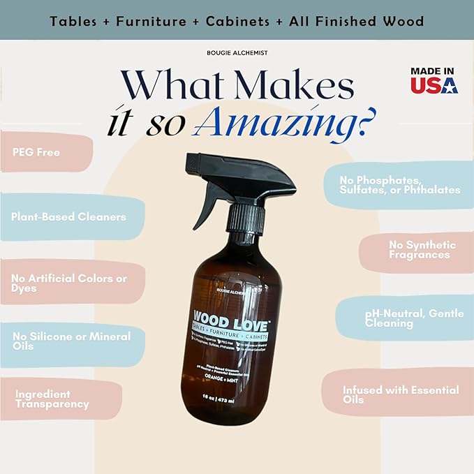 Wood Love® – Wood Furniture Cleaner Spray – Daily Wood Cleaner for Tables, Cabinets & Home Surfaces – 99% Plant-Based, Safe for All Finished Wood – Gentle Light Conditioning – 16oz, Made in USA