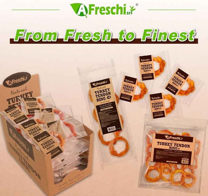 AFreschi Turkey Tendons for Dogs, USA-Sourced, Healthy Dog Treats, Rawhide-Free Puppy Chews, Long Lasting, All Natural, Hypoallergenic Dog Treats for Small Breeds, 40 Count Box Ring (S)