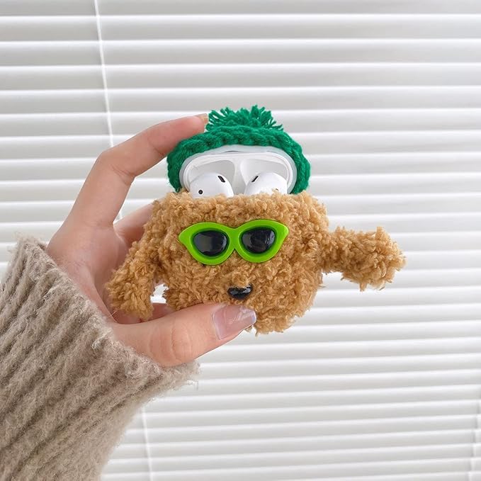 Yatchen Plush Case for AirPods Pro,Kawaii Cute 3D Cartoon Fur Teddy Dog with Green Hat Sunglasses Funny Furry Airpods Pro Cover with Keychain Protector Women Girls for AirPods Pro
