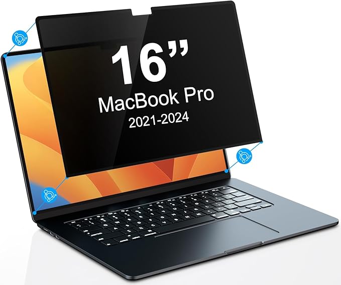 PYS Privacy Screen Protector for MacBook Pro 16 Inch (2021-2024, M1, M2, M3, M4) - Nano Attach, Anti-Spy, Reusable & Removable, Blue Light & UV Blocking, 2Pcs Camera Cover Slide, Case Friendly