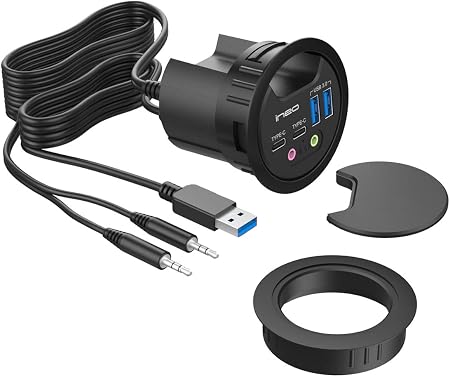 ineo Grommet Desk-Fit (Diameter 2.3" to 2.4") 2Type A + 2Type C with 3.5mm Audio Mic Jack + 3.2" Expandable case (Power is not Included)[THC06 - VI Plus]