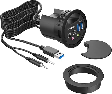 ineo Grommet Desk-Fit (Diameter 2.3" to 2.4") 2Type A + 2Type C with 3.5mm Audio Mic Jack + 3.2" Expandable case (Power is not Included)[THC06 - VI Plus]