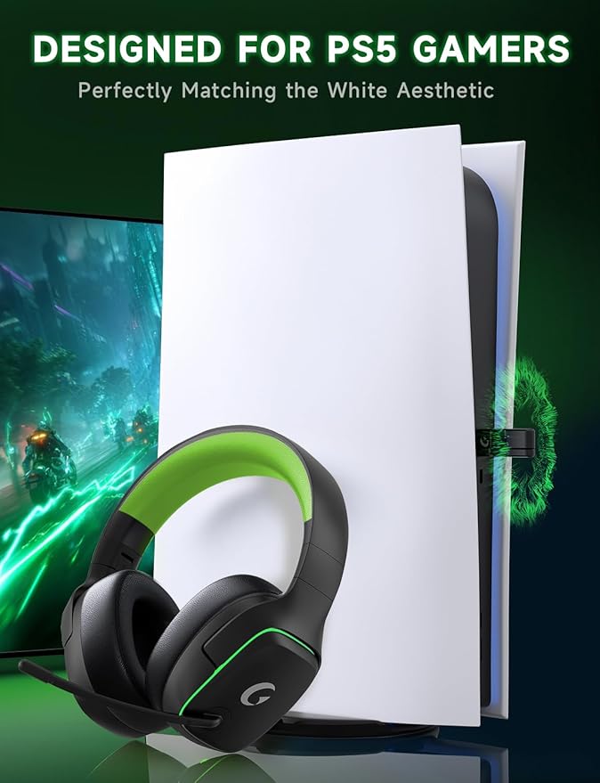 2.4GHz Wireless Gaming Headsets for PS5, PS4, PC, Switch - Bluetooth 5.3 Gaming Headphones with Noise Canceling Mic, 7.1 Surround Sound, 70H Battery, Blue Lighting - Black Green