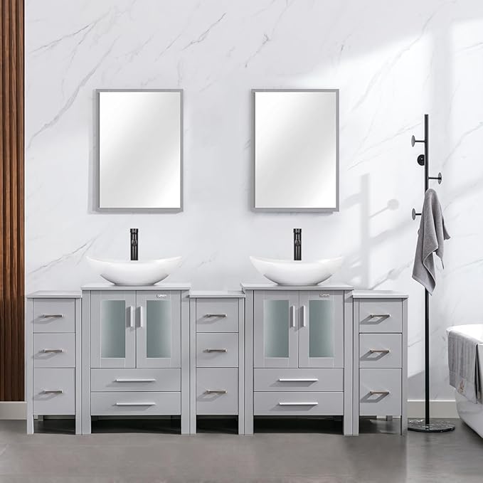 eclife 84" Modern Bathroom Vanity Sink Combo Freestanding Cabinet with Small Side Cabinet, White Boat Ceramic Vessel Sink, Water Save Faucet, Drain (Gray+T44)