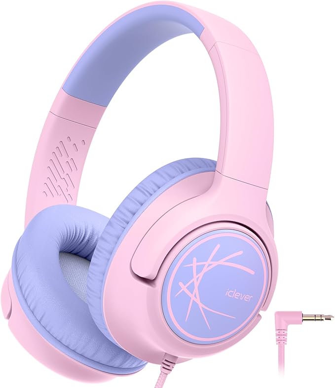 iClever Kids Headphones with Cord, 85dBA Safe Volume Wired Headphonesf or Kid, Stereo Sound Foldable Adjustable, 3.5mm Jack, Over Ear Child Headphone for School/Boys/Girls/iPad/Tablet/Travel, Pink