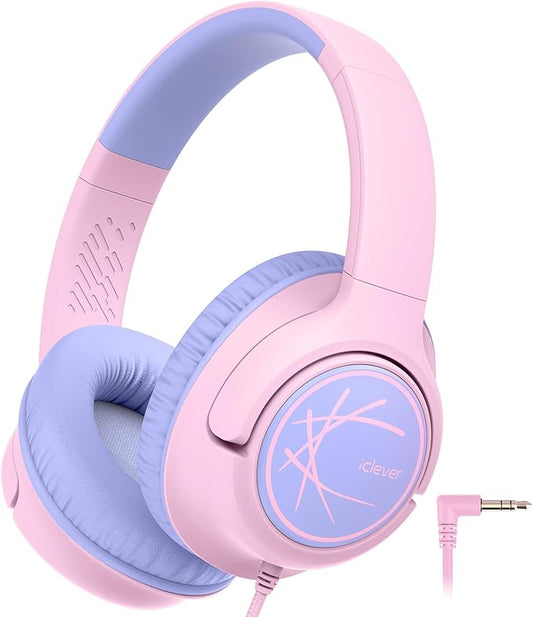 iClever Kids Headphones with Cord, 85dBA Safe Volume Wired Headphonesf or Kid, Stereo Sound Foldable Adjustable, 3.5mm Jack, Over Ear Child Headphone for School/Boys/Girls/iPad/Tablet/Travel, Pink