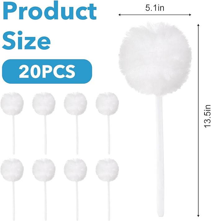 20 Pack Soft Toilet Brush, Disposable Toilet Bowl Brush with Long Plastic Handle, White Silk Cotton Toilet Bowl Mop for Bathroom Toilets, Sink, Bathtub, 11 x 4.3 Inch, Without Cup