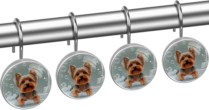 Bathing Dog and Bubbles Shower Curtain Hooks 12Pcs, Decorative Rust Resistant Shower Rings for Shower Curtain Rods, Stainless Steel Round Curtain Hooks for Bathroom, Bedroom, Farmhouse