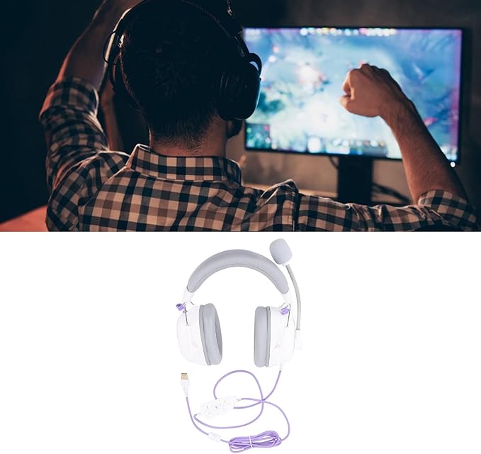 EBTOOLS Wired USB Gaming Headset, 50mm Drivers 7.1 Surround Sound with Custom EQ Software Detachable Noise Canceling Mic (White)