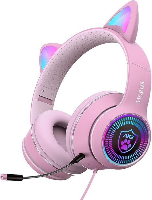 Cat Ear Gaming Headset with Mic RGB LED Light, Flashing Glowing Stereo Headphones, 7.1 Stereo Sound Surround Over-Ear Headset for PC, PS4, PS5, Nintendo Switch,Mobile(Pink)