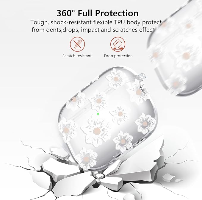 for Airpods pro 3 Case Clear,Cute White Camellia Design for Airpods pro 3 Case Cover,Shockproof Soft TPU Skin Accessories with Girly Flower Keychain&Cleaning Pen for Women Girls-Clear