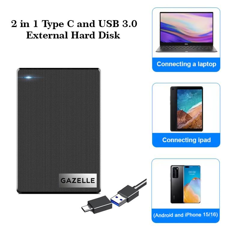 GAZELLE High-Speed 500GB Ultra Slim Portable External Hard Drive - 2-in-1 Type C & USB 3.0, Compatible with PC, Mac, Laptop, PS4, Xbox, iPad, Tablet, Mobile (Black) - 1 Year Warranty