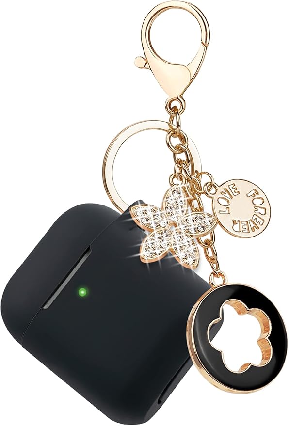 Silicone Case with Bling Keychain Compatible with AirPods Case 1 & 2, Soft Protective Earpod Case Cover Earbuds Cases Women Girls for Apple Air Pod 2 Case - Black