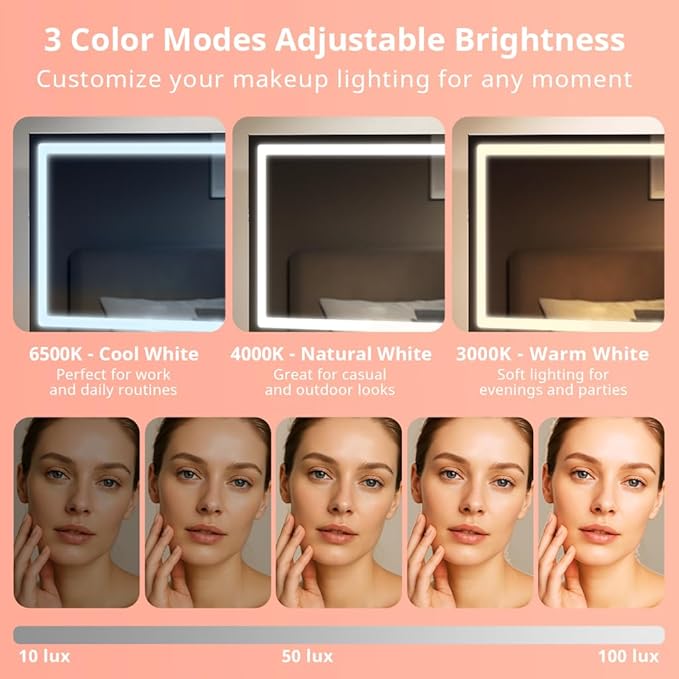 COMHOMA Vanity Desk with Large Mirror,LED and Power Outlet,Makeup Table with 9 Storage Drawersand HD Mirrors,3 Color Modes Adjustable Lighting for Bedroom Dressing Room (Pink, 35inch)
