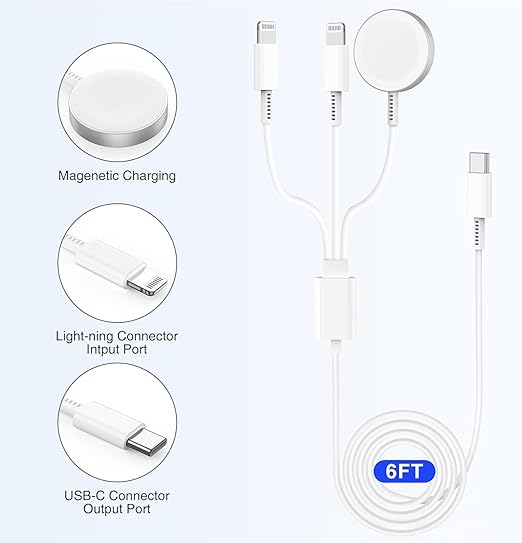 Essri Upgraded USB C Charger for Watch, 3 in 1 Phone and iWatch Magnetic Fast Charging Cable 6FT, Compatible with Watch Series 8 7 6 SE 5 4, for iPhone 14 13 12 11 Pro White