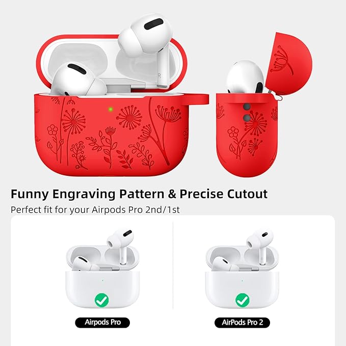 Lerobo Flower Engraved Cover Compatible with Airpod Pro Case Funny, Soft Silicone Protective Case for Airpods Pro 2nd 1st Generation Case USB C, Cute, Skin Frienfly, Front LED Visible, Red