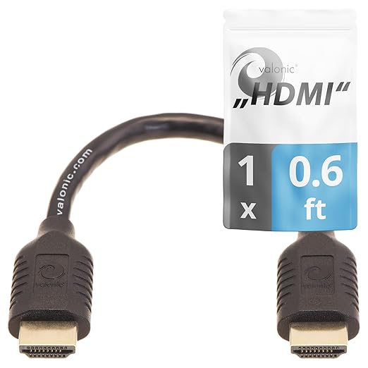 valonic Short HDMI Cable - 0.6 ft, 4k, high Speed, Ultra HD, ethernet - Compatible with Nintendo, PS5, TV, PS4, Xbox, Black, Small, Thin