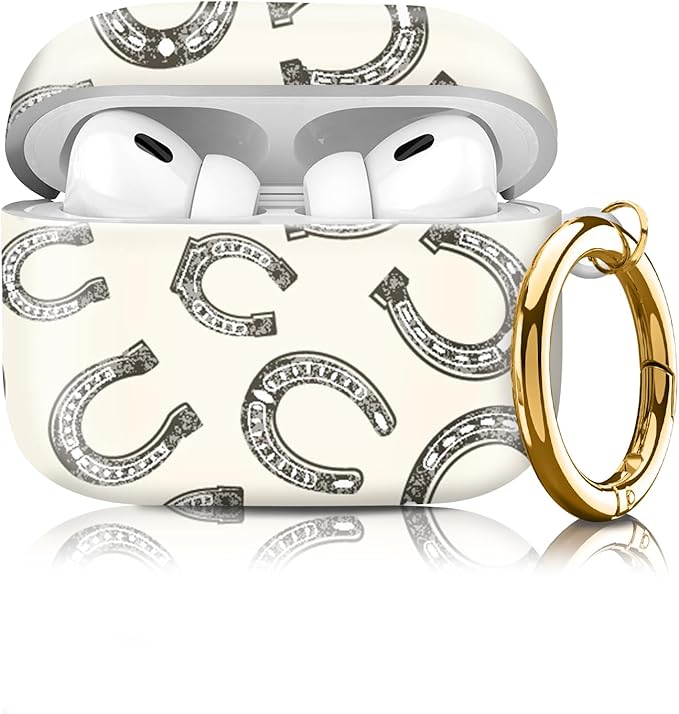 Compatible with Airpod pro 2nd/1st Generation Case Cover with Gold Round Keychain Cute Pattern Hard & Anti Slip Cover for Men Women & Girls（Horseshoe Print）