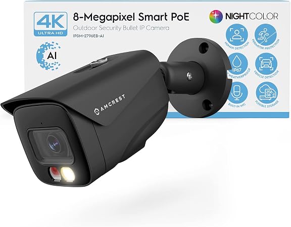 Amcrest UltraHD 4K (8MP) IP PoE AI Camera, FOV 129°, 49ft Color Nightvision, Security Outdoor Bullet Camera, Human & Vehicle Detection, Active Deterrent, 4K @15fps, IP8M-2796EB-AI (Black) - Image 3