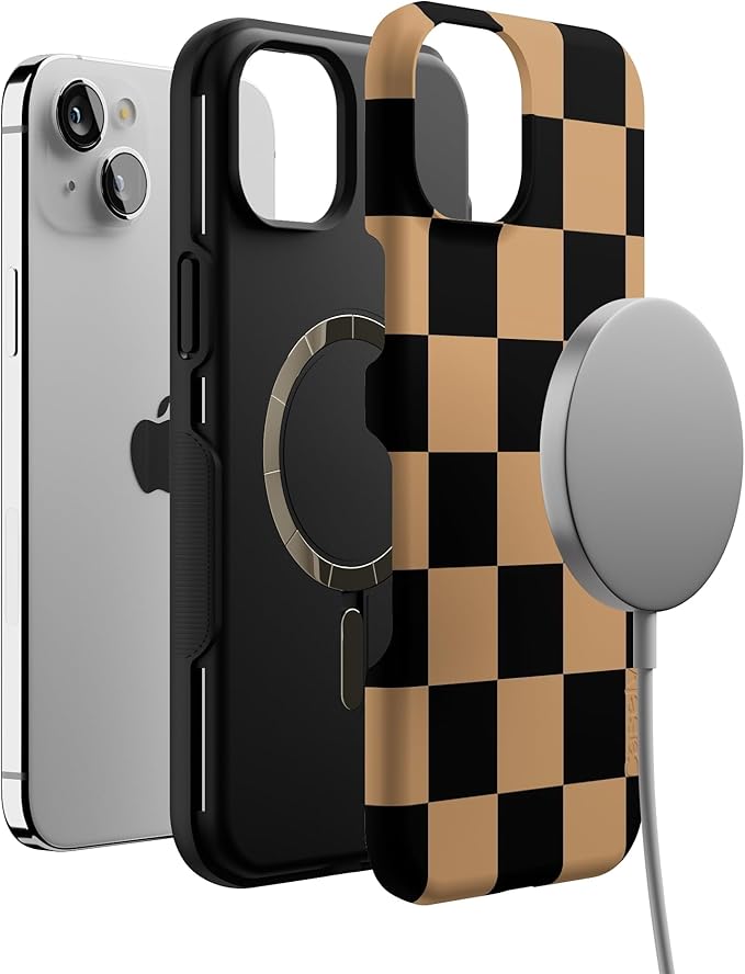 Casely iPhone 15 Plus Case | Fit Check | Black & Brown Checkerboard | Bold Protective Design | MagSafe Compatible Design