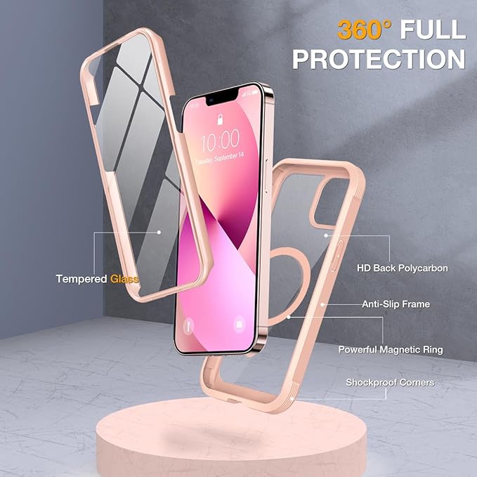 Miracase Magnetic Case for iPhone 13 Mini 5.4 Inch,with MagSafe,Built in Screen Protector,Full Body Protection(Pink)