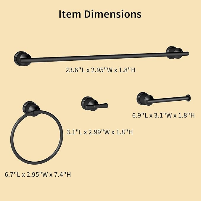 YUMORE Matte Black Bathroom Accessories Set, 4 Pieces Bathroom Hardware Set, Towel Bar Set Stainless Steel Wall Mounted, Towel Racks for Bathroom, Robe Towel Hooks, Toilet Paper Holder