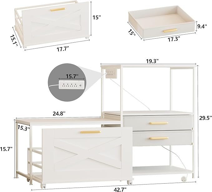 Mini Fridge Stand with Storage, Farmhouse Fridge Cabinet with Power Outlet & Movable Drawers, Microwave Oven Stand with Wheels, Kitchen Bakers Rack for Home Bar Office, White
