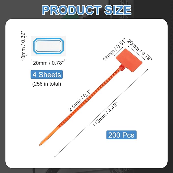 PATIKIL 4inch Zip Ties, 200pcs Cable Ties Tags Nylon Wire Marking Label Self Locking Plastic Straps Write on with Label Tags Paper for Organization Cord Network Ethernet Marking, Red