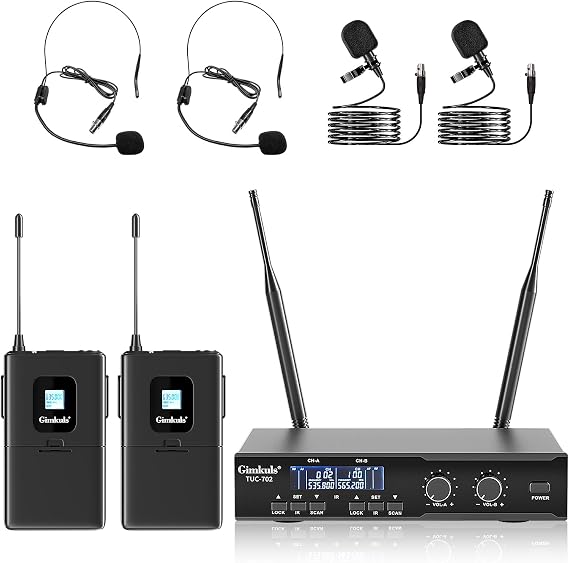 Gimkuls Dual-Channel UHF Wireless Lavalier Microphone System for Church