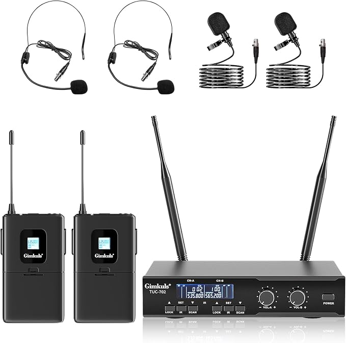 Gimkuls Dual-Channel UHF Wireless Lavalier Microphone System for Church