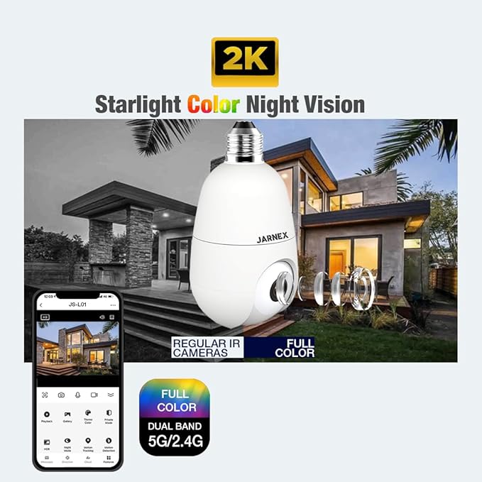 4MP Bulb Home Security Camera - 5G & 2.4GHz WiFi, 360° Wireless Outdoor/Indoor, Color Night Vision, 2-Way Audio, Siren Alarm, Compatible with Google and Alexa